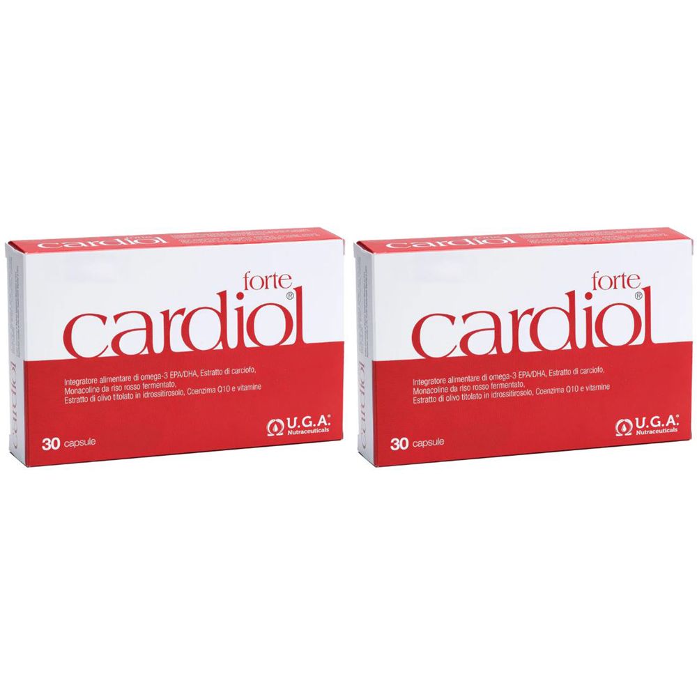 Due scatole "cardiol forte". Scritta rossa su sfondo bianco. Logo U.G.A. 30 capsule.