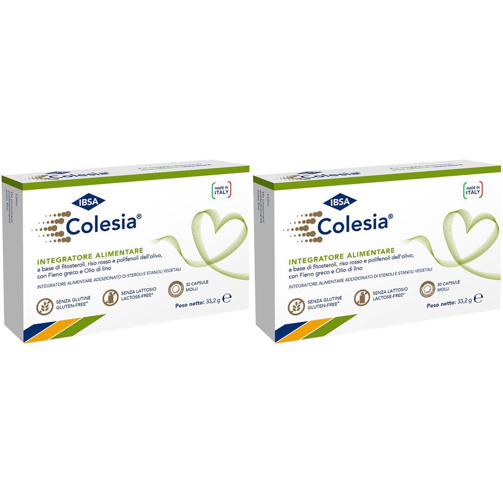 Due confezioni di Colesia®. Scritta: INTEGRATORE ALIMENTARE. Con motivo a cuore e testo in italiano. Senza glutine e senza lattosio.