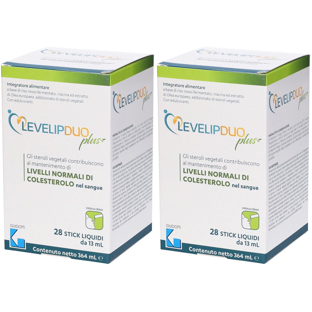 Due scatole di "LEVELIPDUO plus". Testo in italiano. Ogni scatola contiene 28 stick liquidi. Contenuto netto 364 ml.