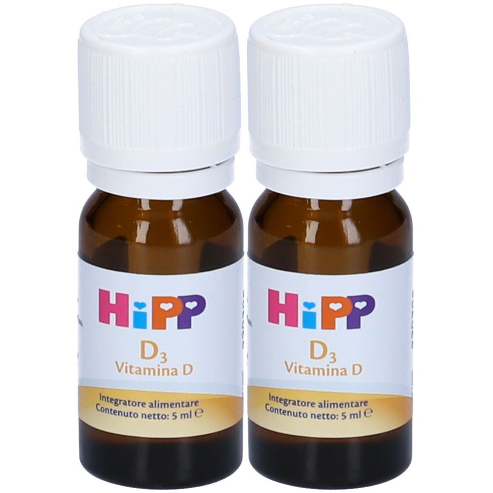 Due flaconi marroni con tappi bianchi. Etichette: "HiPP D3 Vitamina D".