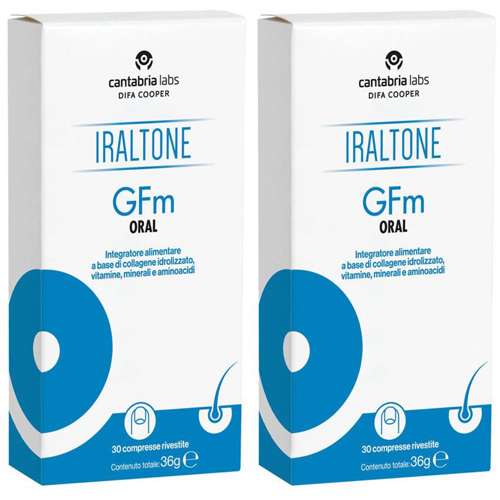 Due scatole bianche IRALTONE Gfm ORAL. Contengono 30 compresse rivestite. Produttore: Cantabria Labs. Integratore alimentare.