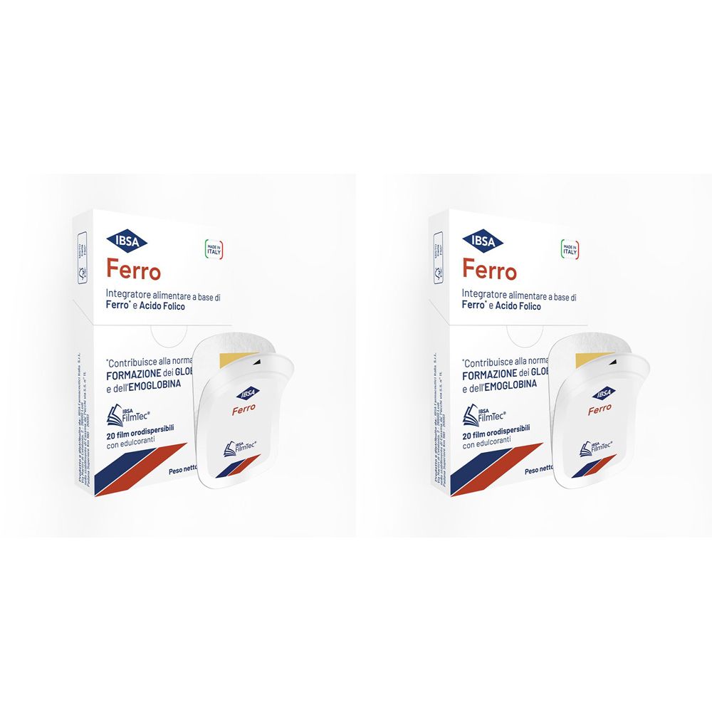 Due confezioni del prodotto Ferro di IBSA. Scritta Ferro e altre informazioni sulla confezione.