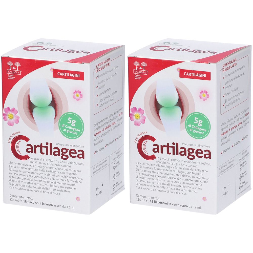 Due confezioni di Cartilagea. Scritta: Cartilagini, 5g di collagene al giorno. Confezione bianca con scritte e illustrazioni rosse e verdi.