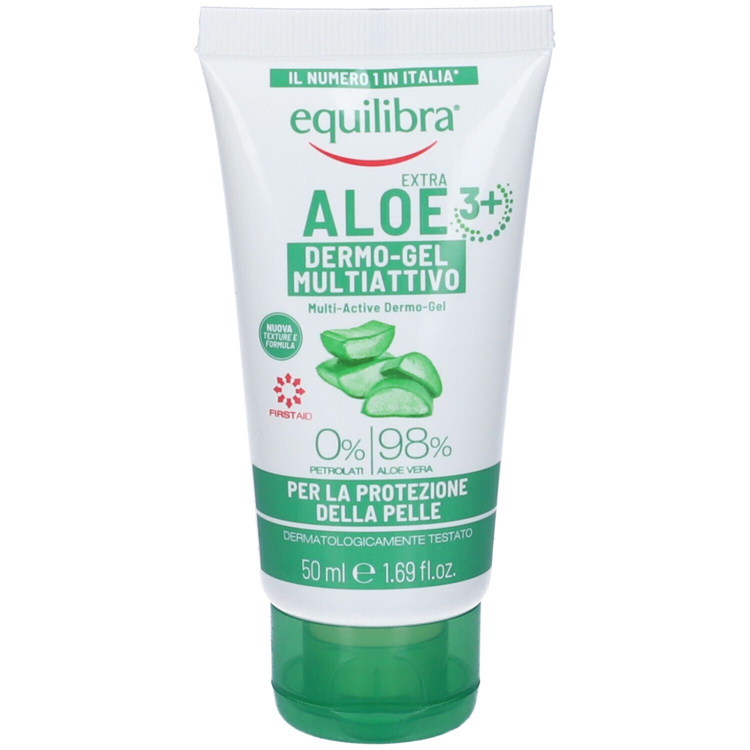 Tubo di gel Equilibra Extra Aloe 3+ Dermo-Gel Multiattivo. Design verde e bianco, aloe vera illustrata, testo.