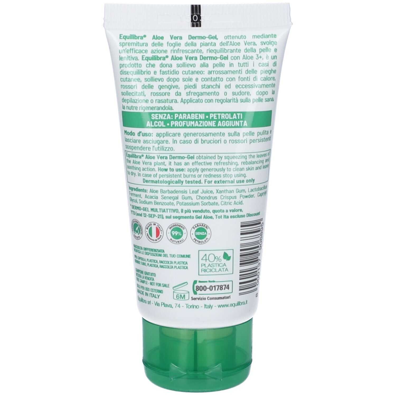 Retro del tubo Equilibra Extra Aloe 3+ Dermo-Gel Multiattivo. Testo, ingredienti, certificazioni, logo riciclo.