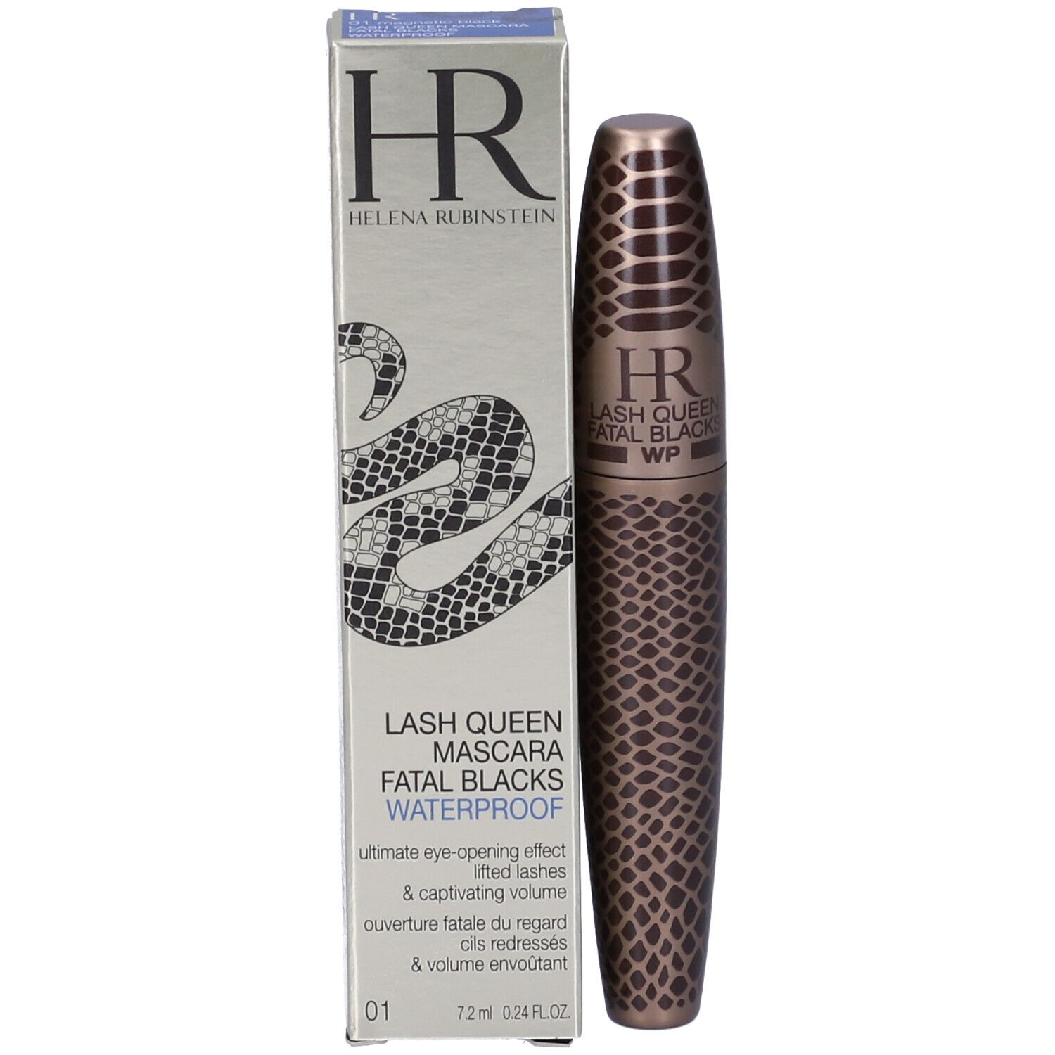 Tubo e scatola di mascara. Scritto: Helena Rubinstein, Lash Queen Mascara Fatal Blacks Waterproof. Design serpente.