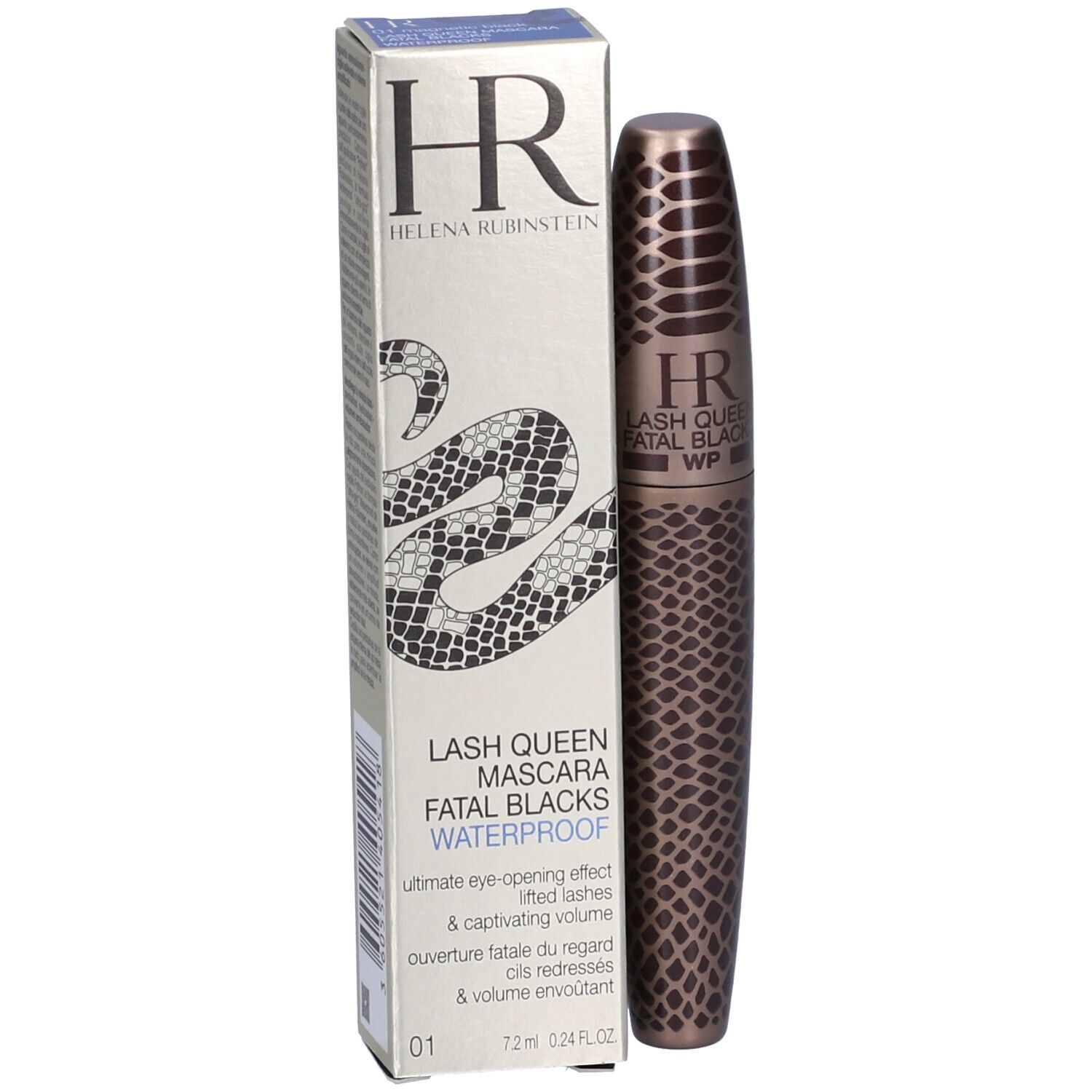 Tubo e scatola di mascara. Scritto: Helena Rubinstein, Lash Queen Mascara Fatal Blacks Waterproof. Design serpente.