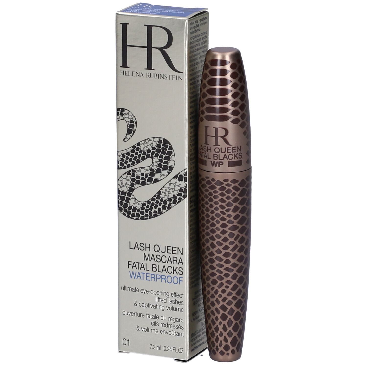 Tubo e scatola di mascara. Scritto: Helena Rubinstein, Lash Queen Mascara Fatal Blacks Waterproof. Design serpente.