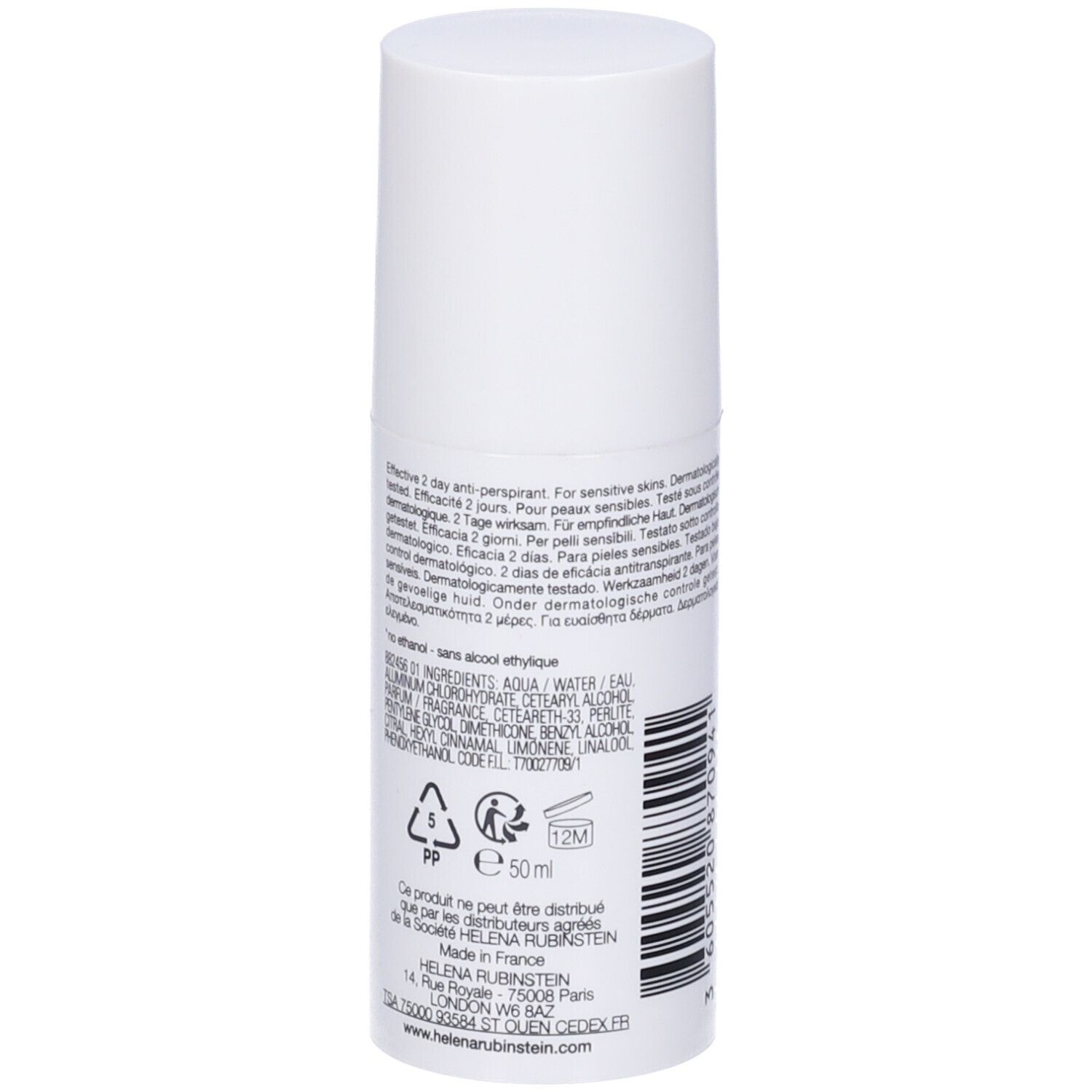 Weiße Flasche mit 50 ml Deodorant, mit Aufdruck von Inhaltsstoffen und Herstellerinformationen.