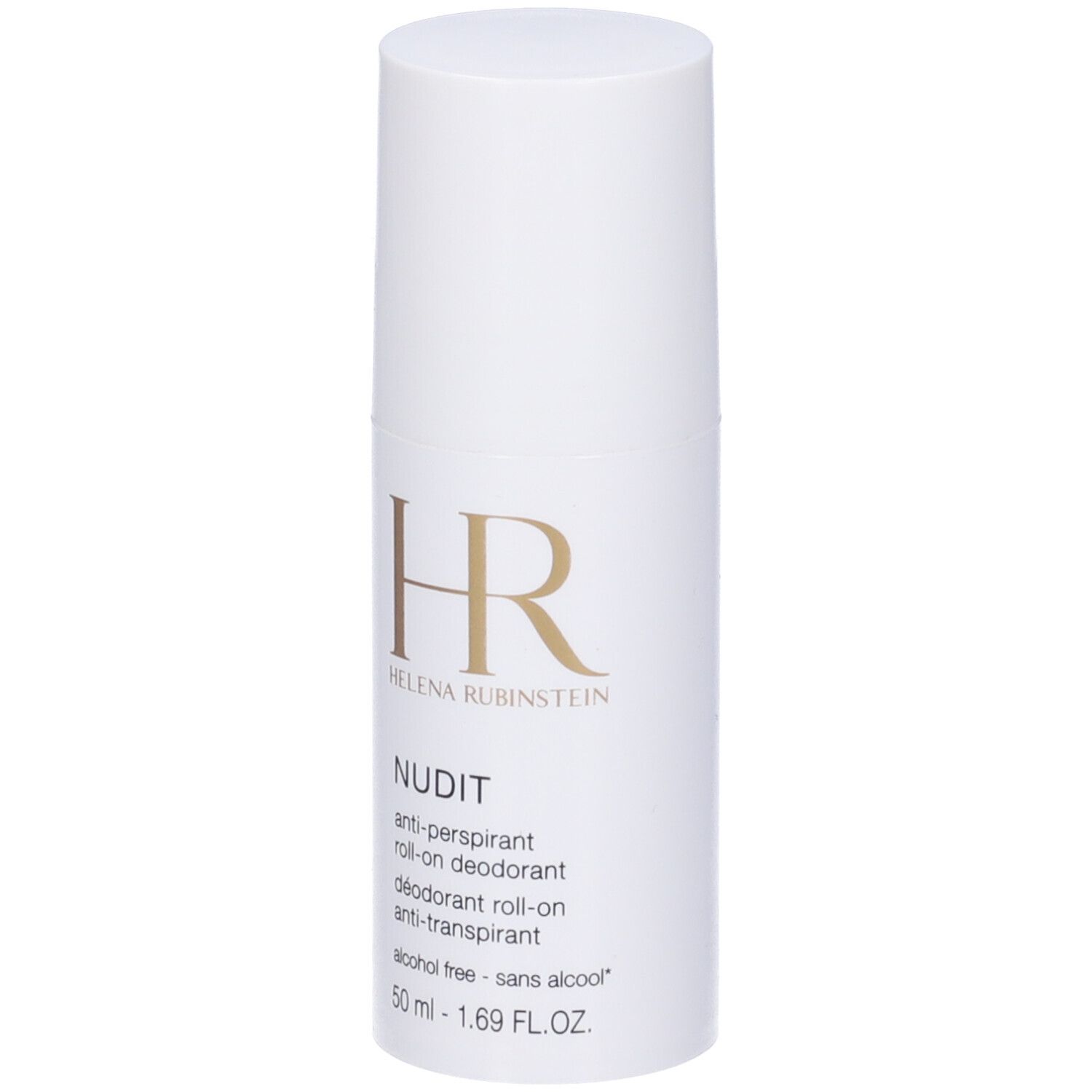 Helena Rubinstein Nudit Roll-on Deodorant, 50 ml. Weißer Behälter mit goldener HR-Prägung.