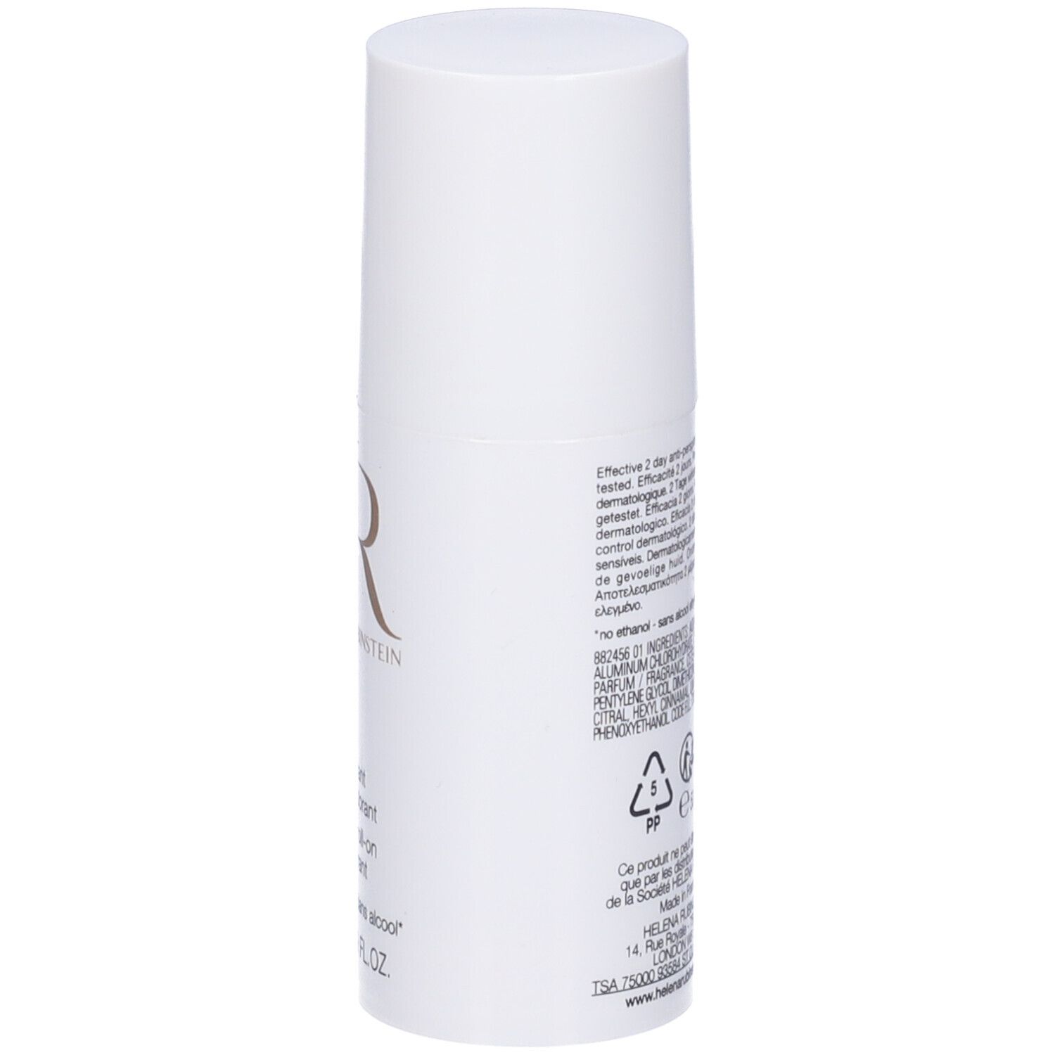 Helena Rubinstein Nudit Roll-on Deodorant, 50 ml. Weißer Behälter mit goldenem HR-Logo.