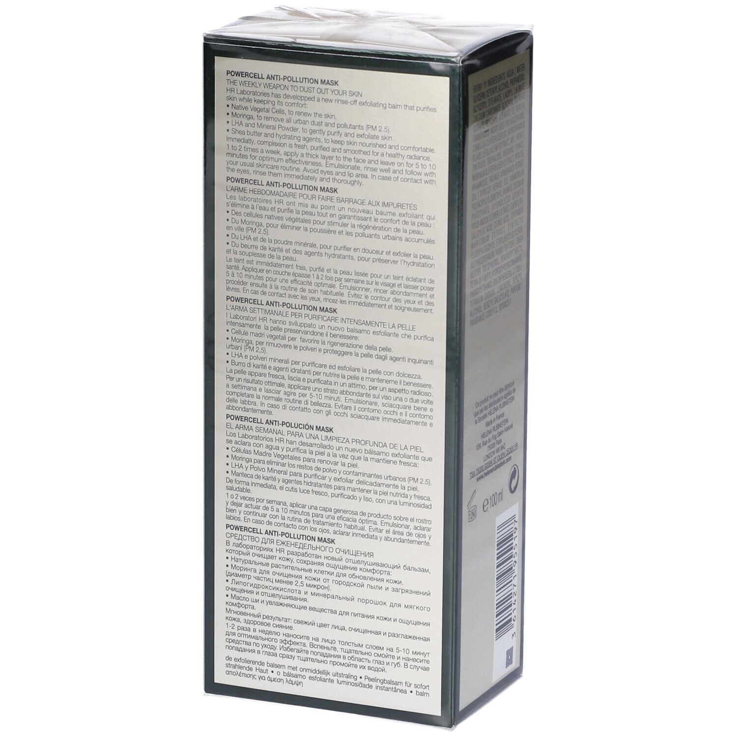 Seite der Verpackung von Helena Rubinstein Powercell Anti-Pollution Mask. Produktbeschreibung in mehreren Sprachen.