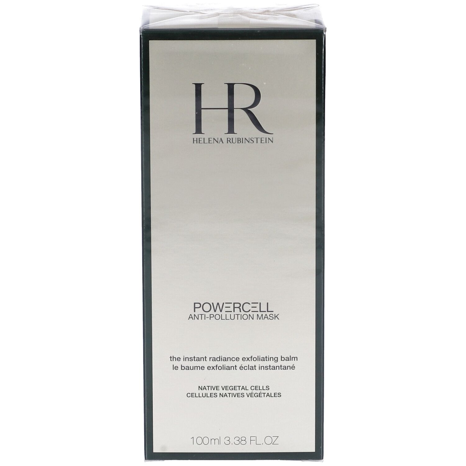 Vorderseite der Verpackung von Helena Rubinstein Powercell Anti-Pollution Mask. Logo HR, Produktname, Text. 100ml.
