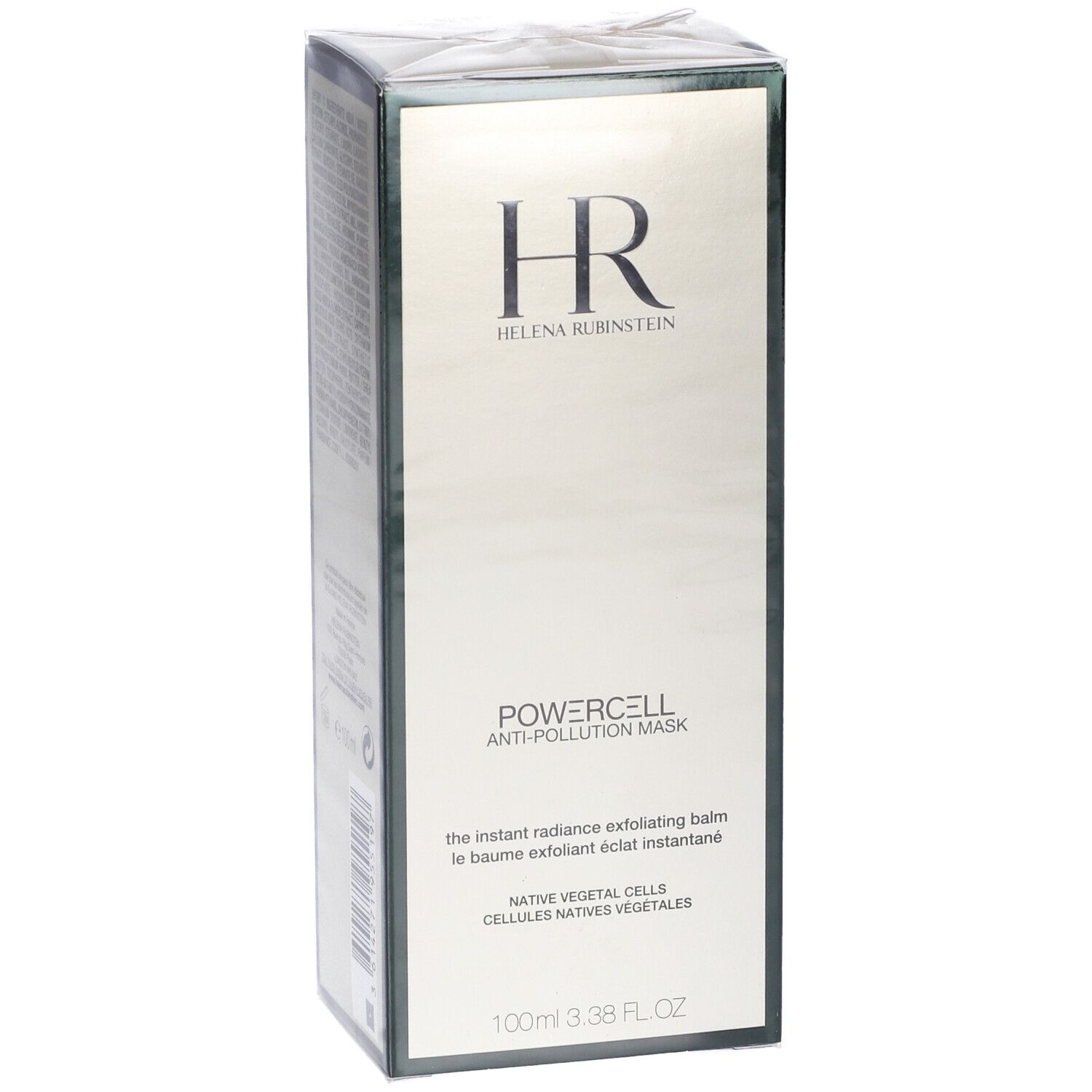 Vorderseite der Verpackung von Helena Rubinstein Powercell Anti-Pollution Mask. Logo HR, Produktname, Text. 100ml.