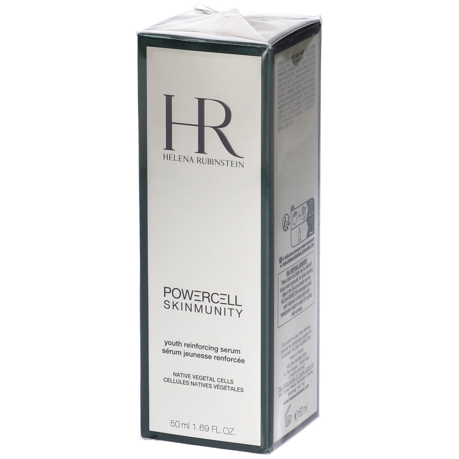 Confezione siero Helena Rubinstein Powercell Skinmunity. Logo HR, nome prodotto, testo inglese e francese. 50ml.