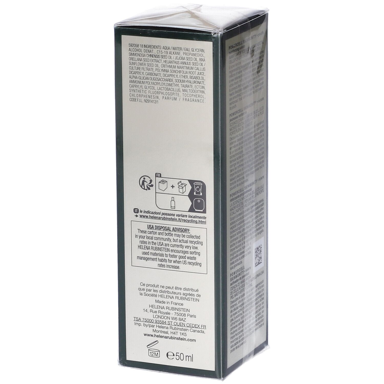 Confezione Helena Rubinstein Powercell Skinmunity. Ingredienti, istruzioni riciclo, contatti. 50ml.