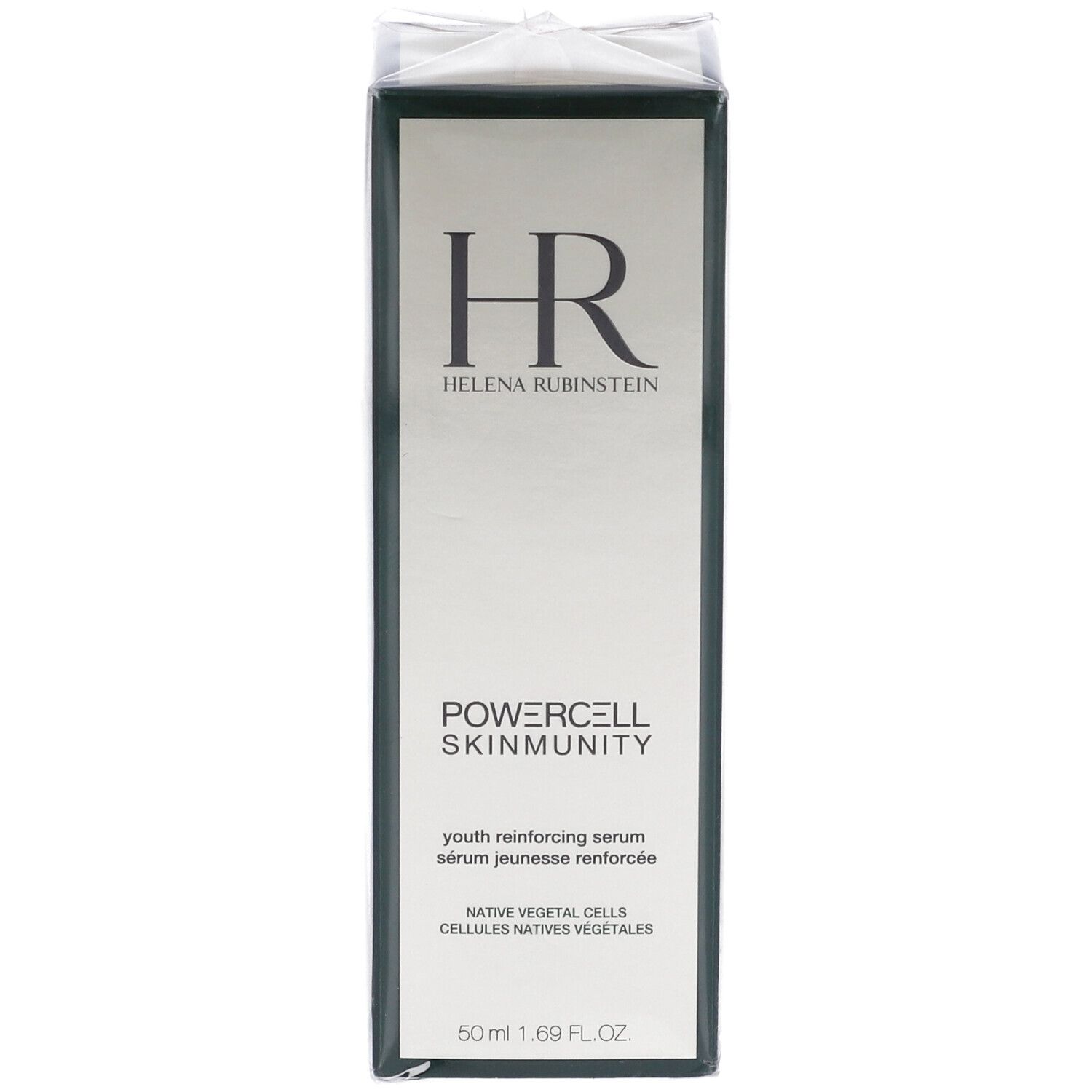 Confezione siero Helena Rubinstein Powercell Skinmunity. Logo HR, nome prodotto, testo inglese e francese. 50ml.