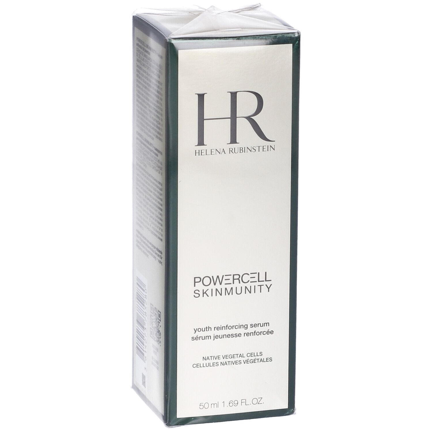 Confezione siero Helena Rubinstein Powercell Skinmunity. Logo HR, nome prodotto, testo inglese e francese. 50ml.