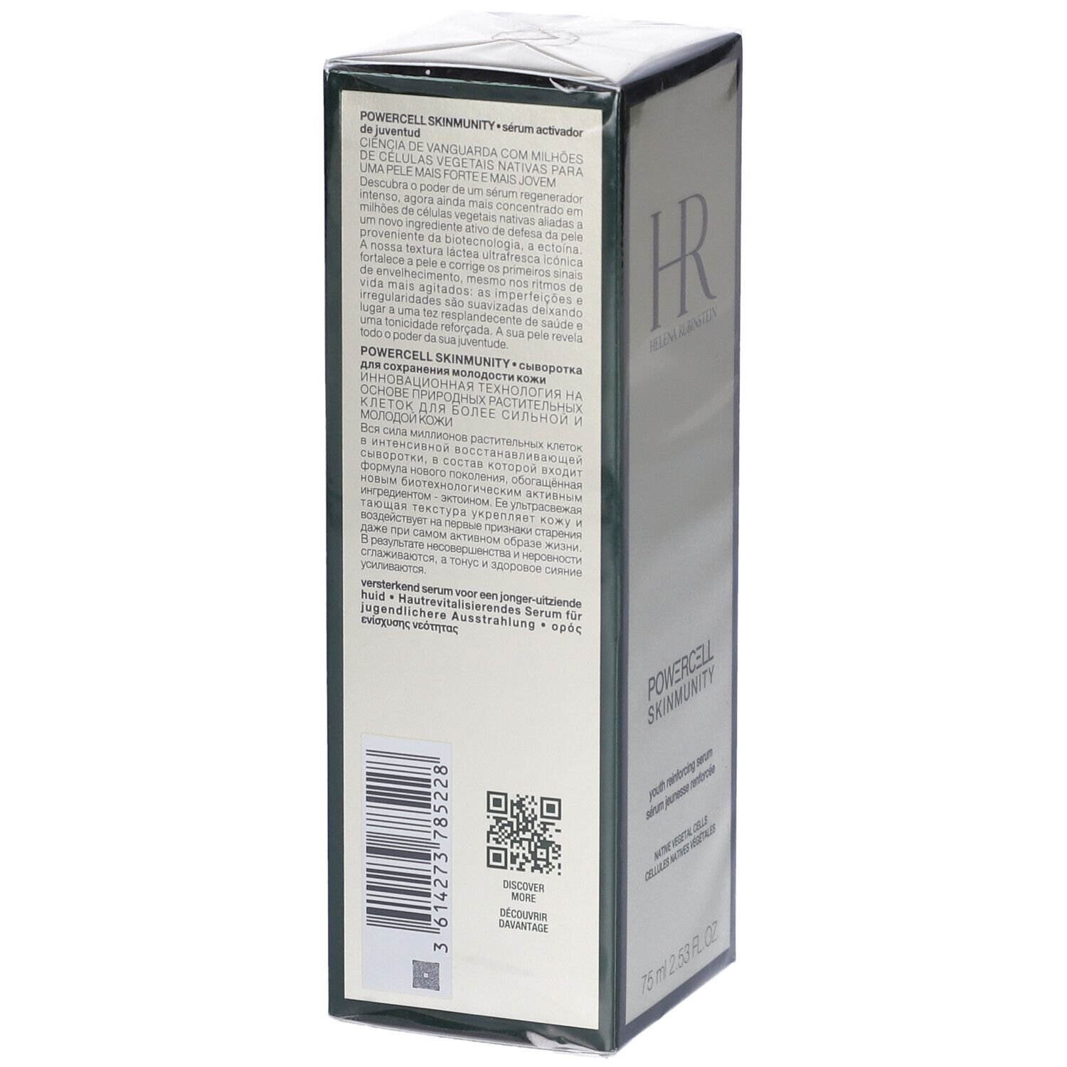 Rückseite der Verpackung des Helena Rubinstein Serums. Text in mehreren Sprachen, Barcode und QR-Code.