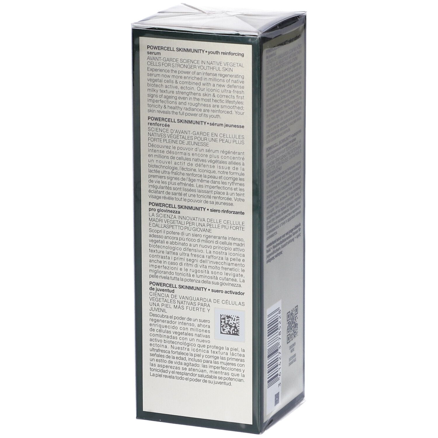 Verpackung des Helena Rubinstein Serums. Text in mehreren Sprachen, Produktinformationen.