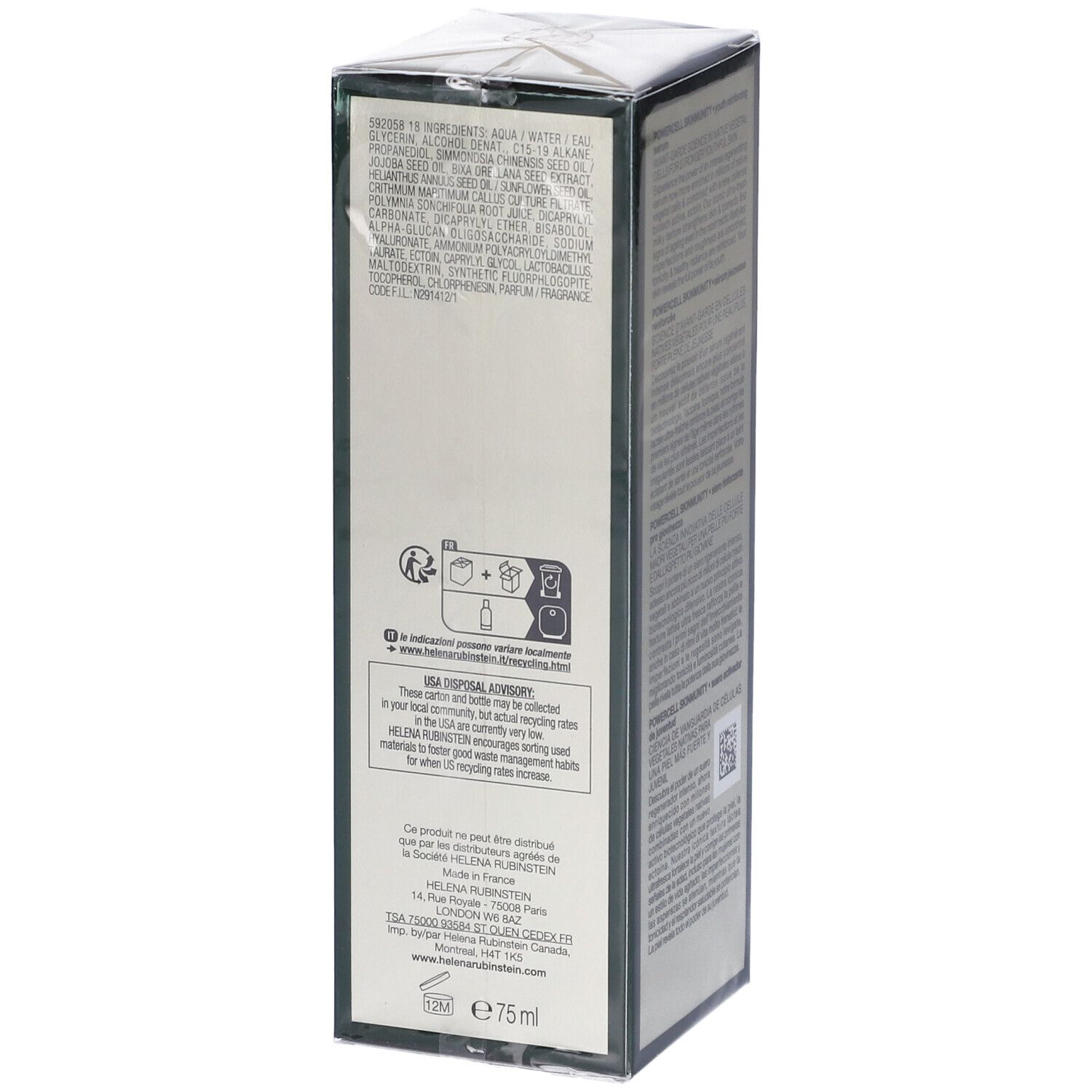 Verpackung des Helena Rubinstein Serums. Entsorgungshinweise und Herstelleradresse.