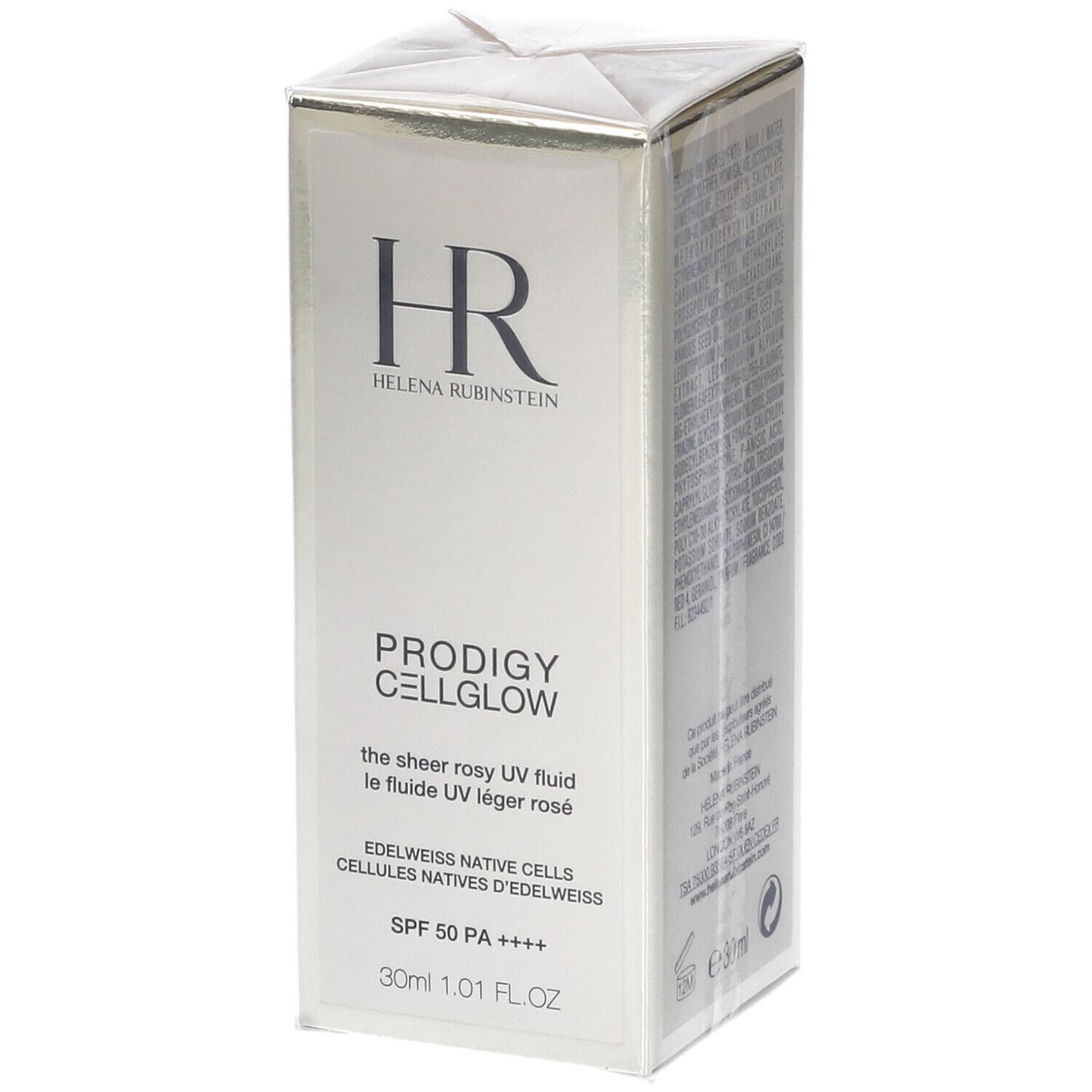 Confezione Helena Rubinstein Prodigy Cellglow. Scatola bianca con nome prodotto e logo. SPF 50 PA ++++.