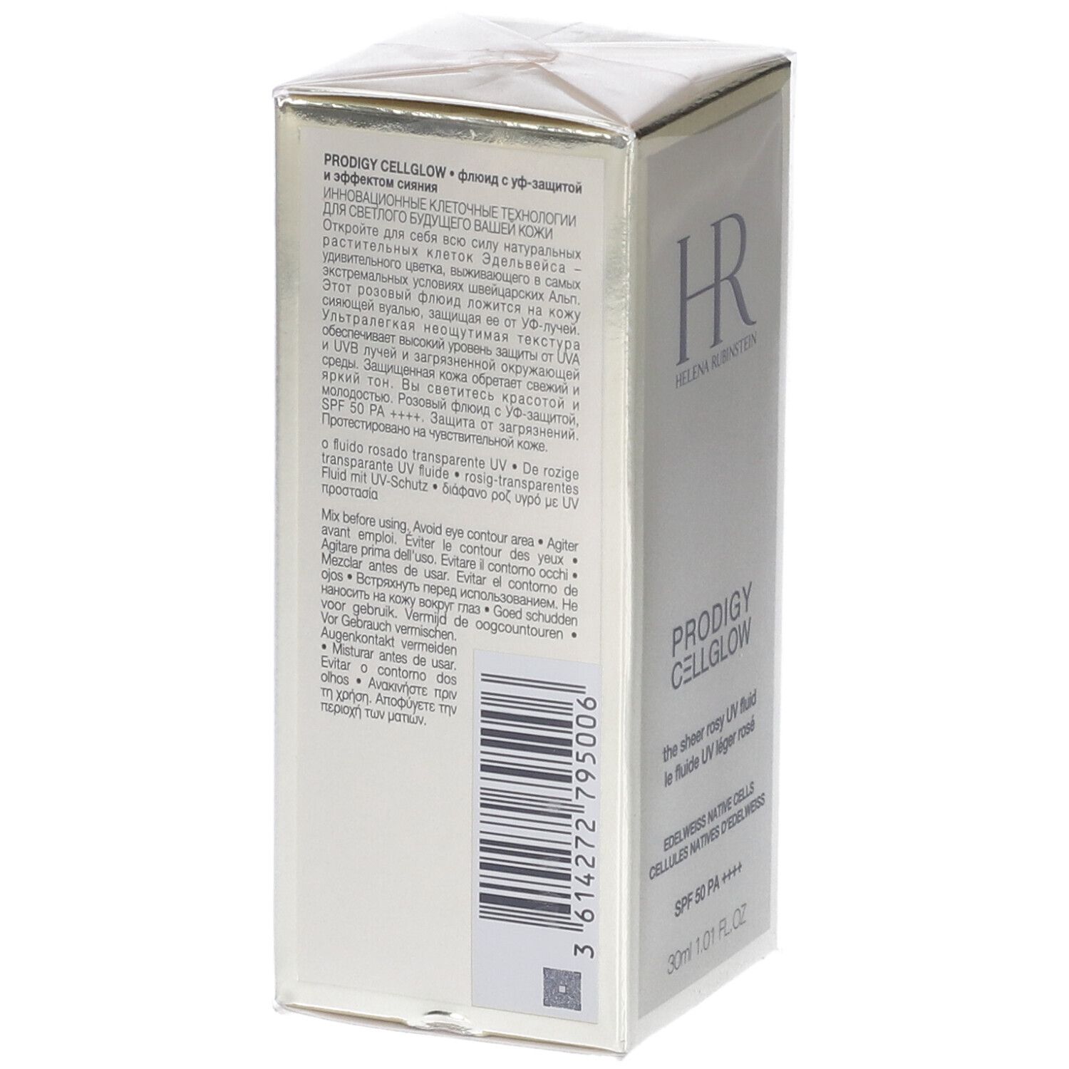 Confezione Helena Rubinstein Prodigy Cellglow. Testo multilingue. Codice a barre e informazioni sul prodotto.