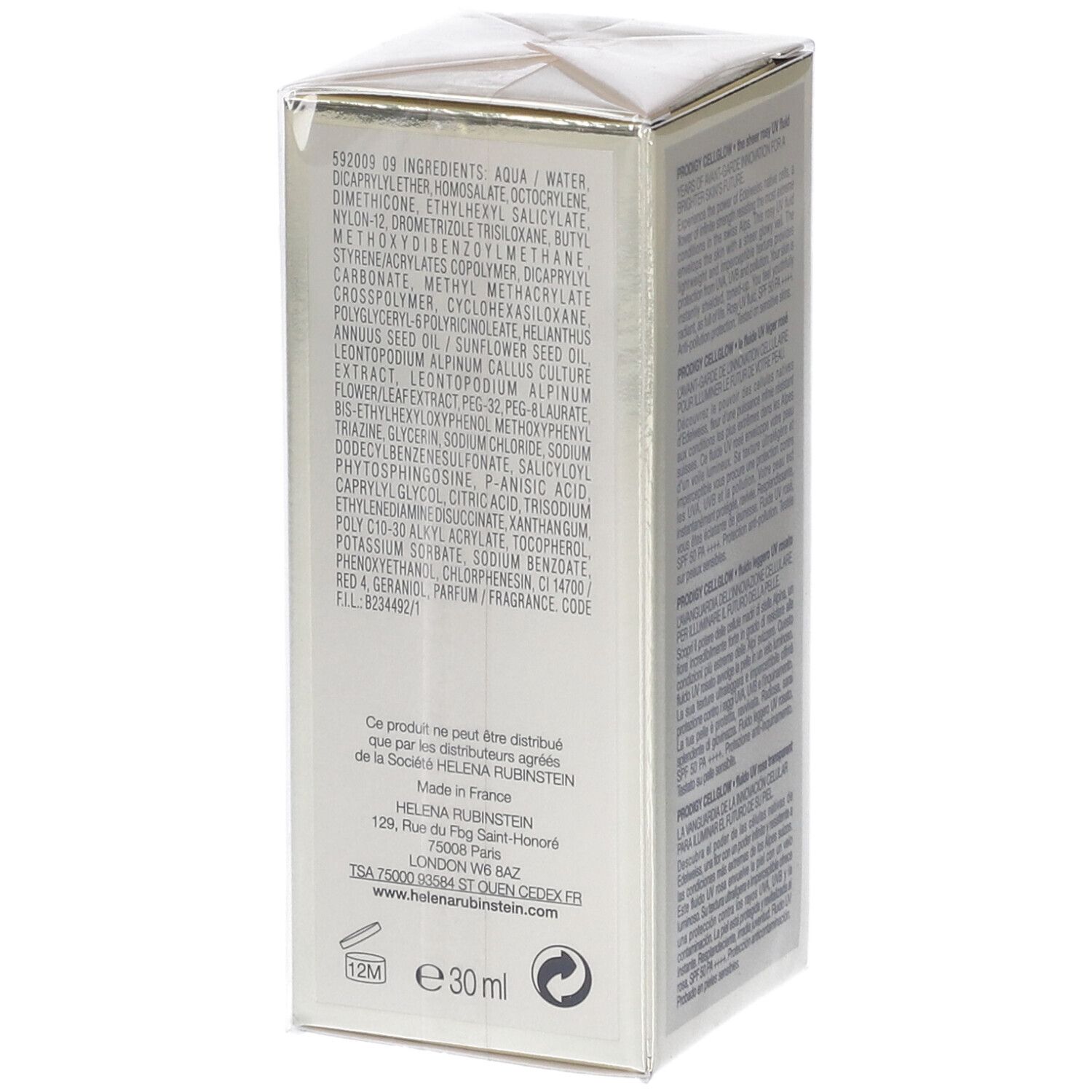 Confezione Helena Rubinstein Prodigy Cellglow. Ingredienti, informazioni produttore e logo.