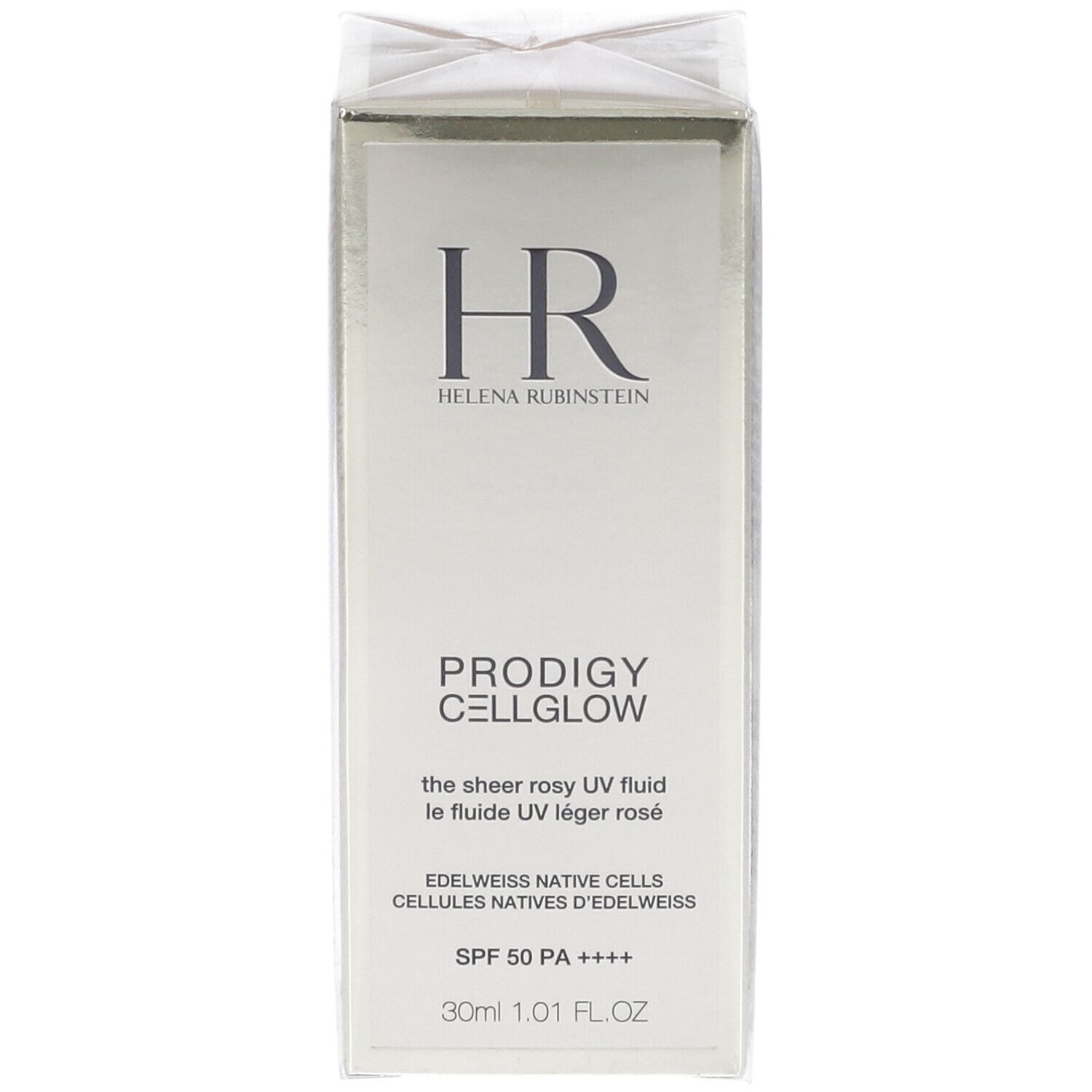 Confezione Helena Rubinstein Prodigy Cellglow. Scatola bianca con nome prodotto e logo. SPF 50 PA ++++.