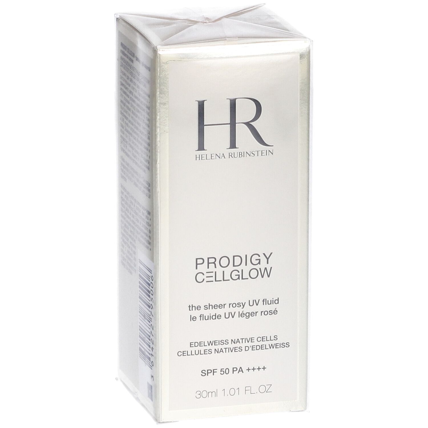 Confezione Helena Rubinstein Prodigy Cellglow. Scatola bianca con nome prodotto e logo. SPF 50 PA ++++.