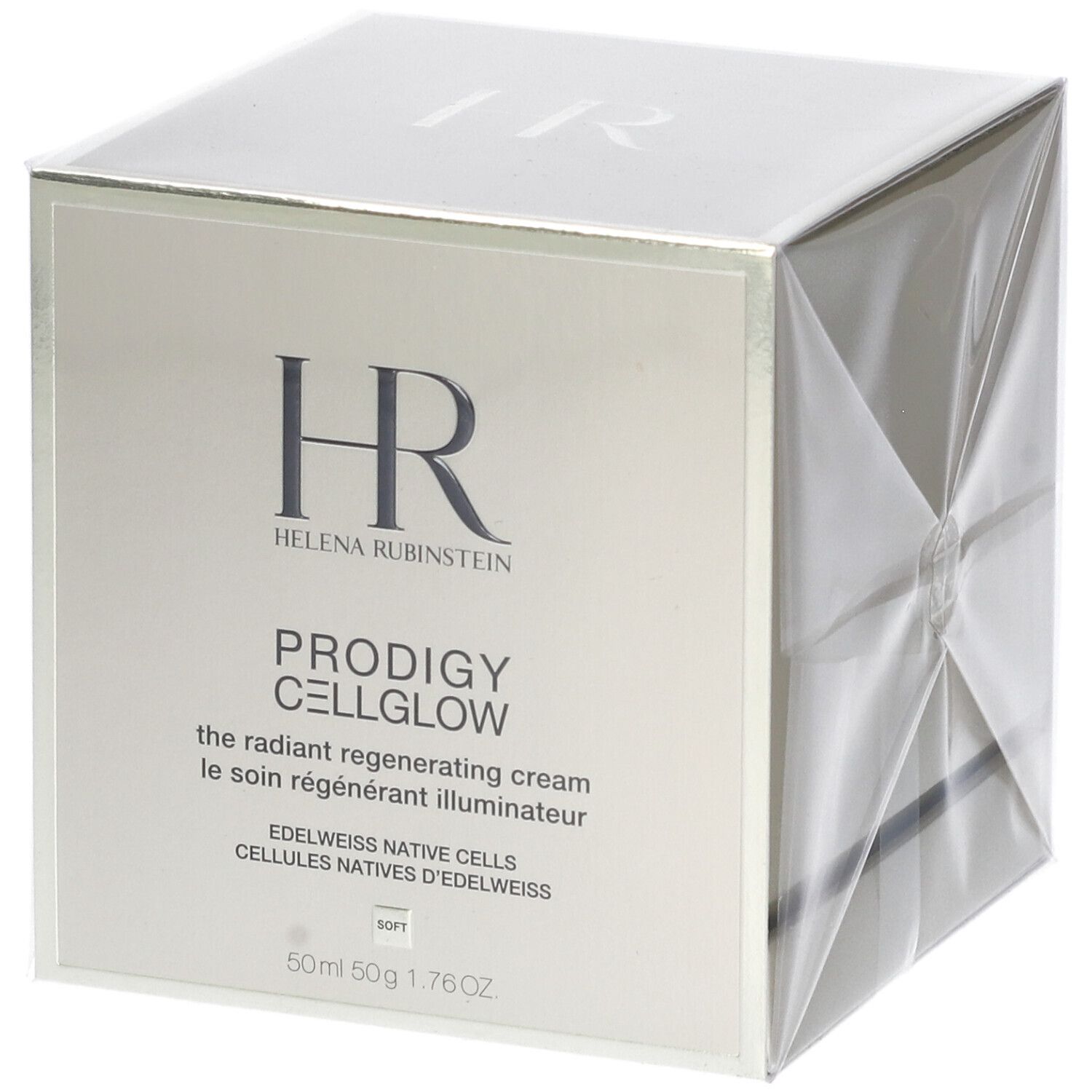 Scatola quadrata con confezione del prodotto. Scritta: HR Helena Rubinstein, Prodigy Cellglow, crema.