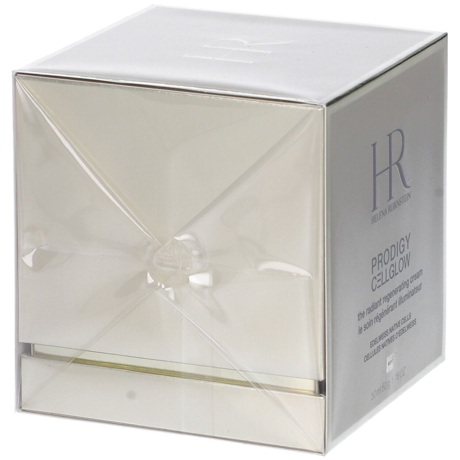 Confezione del prodotto in scatola quadrata, avvolta in pellicola. Scritta: HR Helena Rubinstein, Prodigy Cellglow.