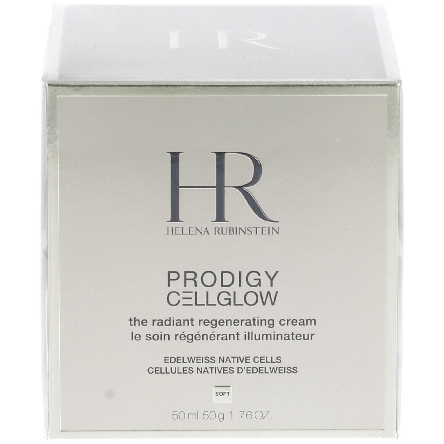 Scatola quadrata con confezione del prodotto. Scritta: HR Helena Rubinstein, Prodigy Cellglow, crema.