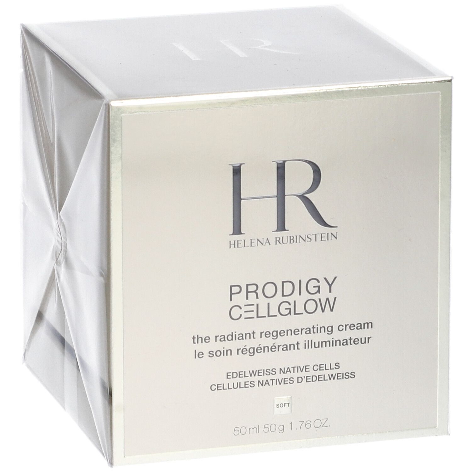 Scatola quadrata con confezione del prodotto. Scritta: HR Helena Rubinstein, Prodigy Cellglow, crema.