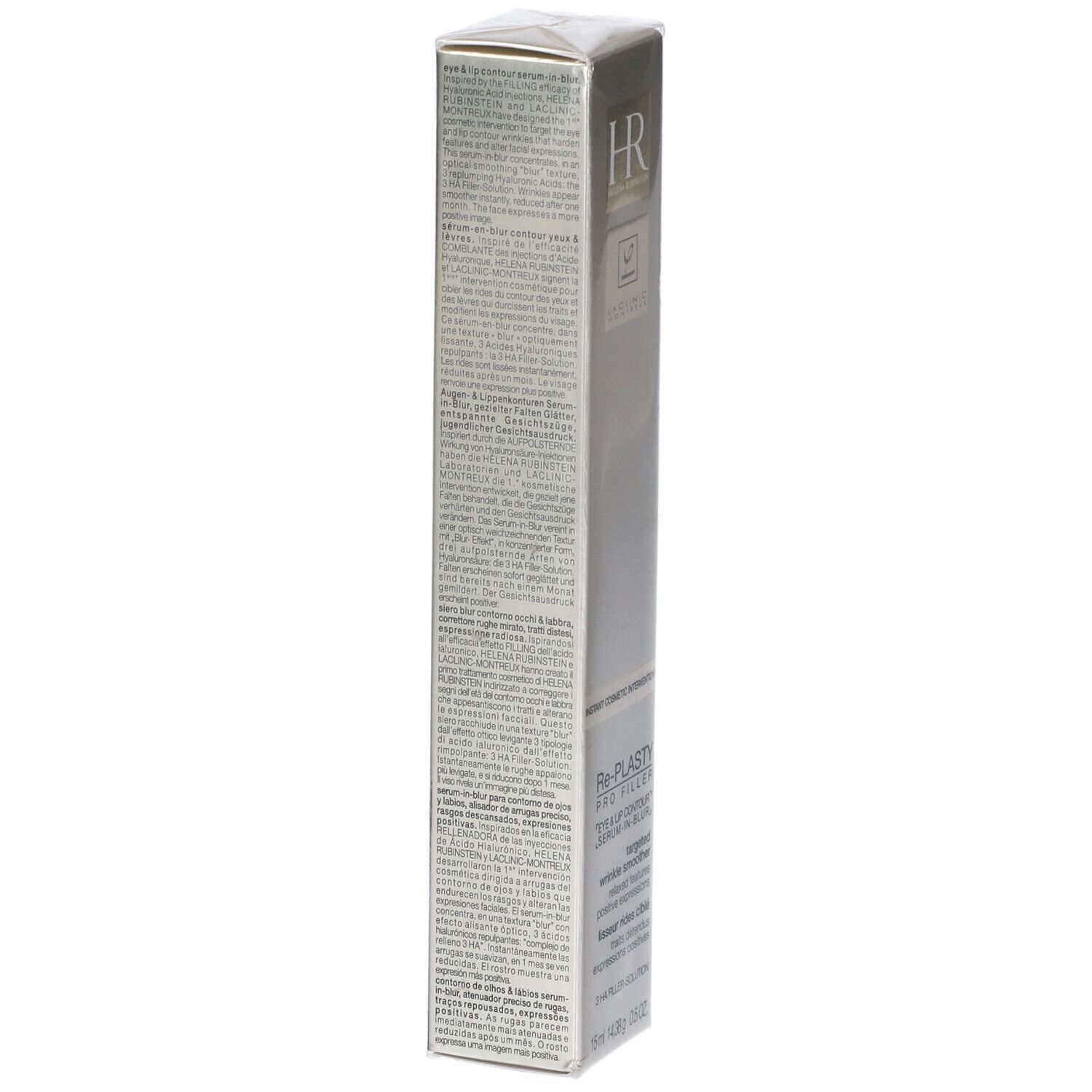 Rückseite der Serum-Schachtel. Text in mehreren Sprachen. Marke HR.