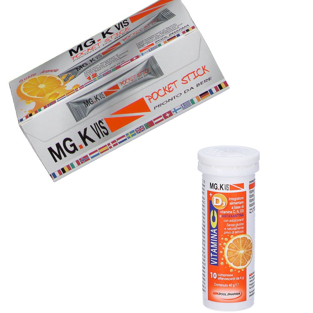 Confezione da 12 stick e flacone bianco. Scritte: MG.K VIS, POCKET STICK, VITAMINA C, D3. Illustrazione arancia.