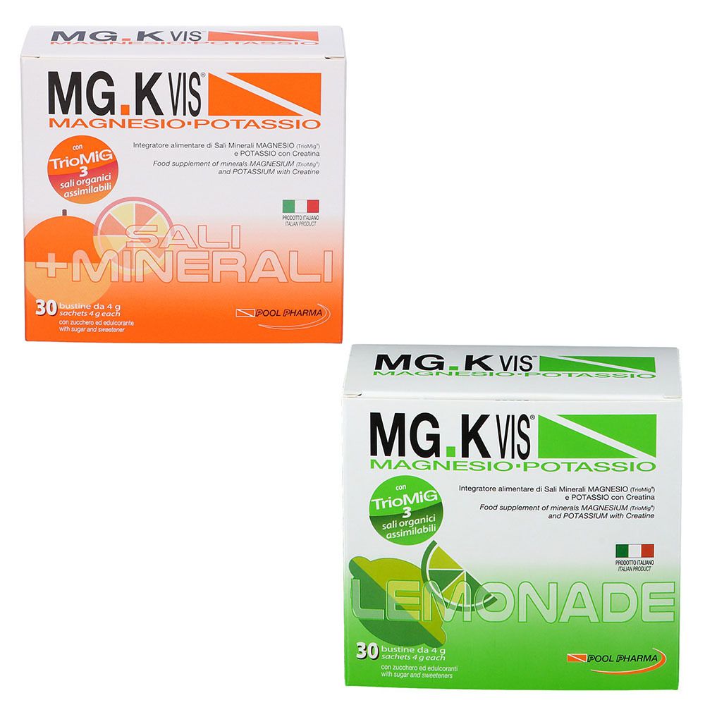 Due confezioni di MG.K VIS MAGNESIO POTASSIO, una arancione e una verde. Entrambe con 30 bustine. Bandiera italiana.