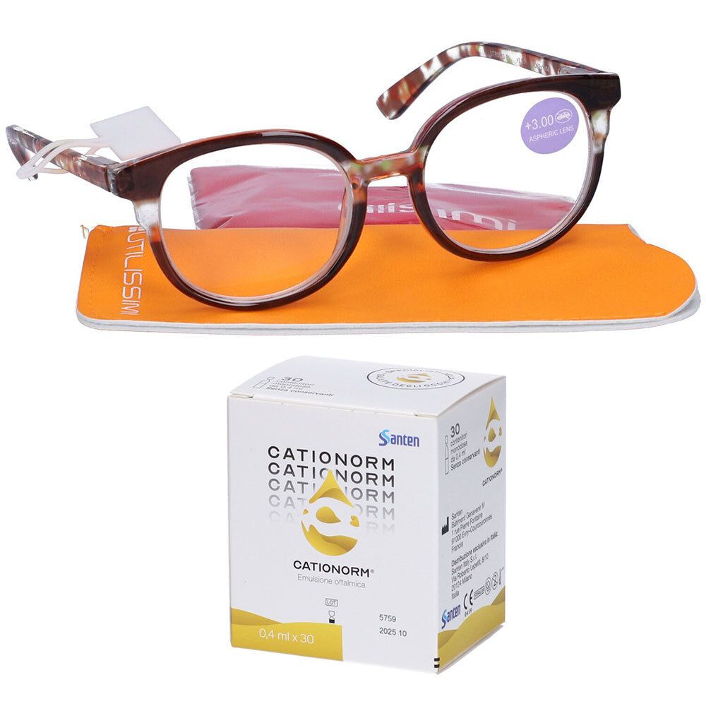 Set UTILISSIMI Occhiali da Lettura Nero/Multicolore +3,00 Diottrie +  Cationorm® Emulsione Oftalmica Monodose