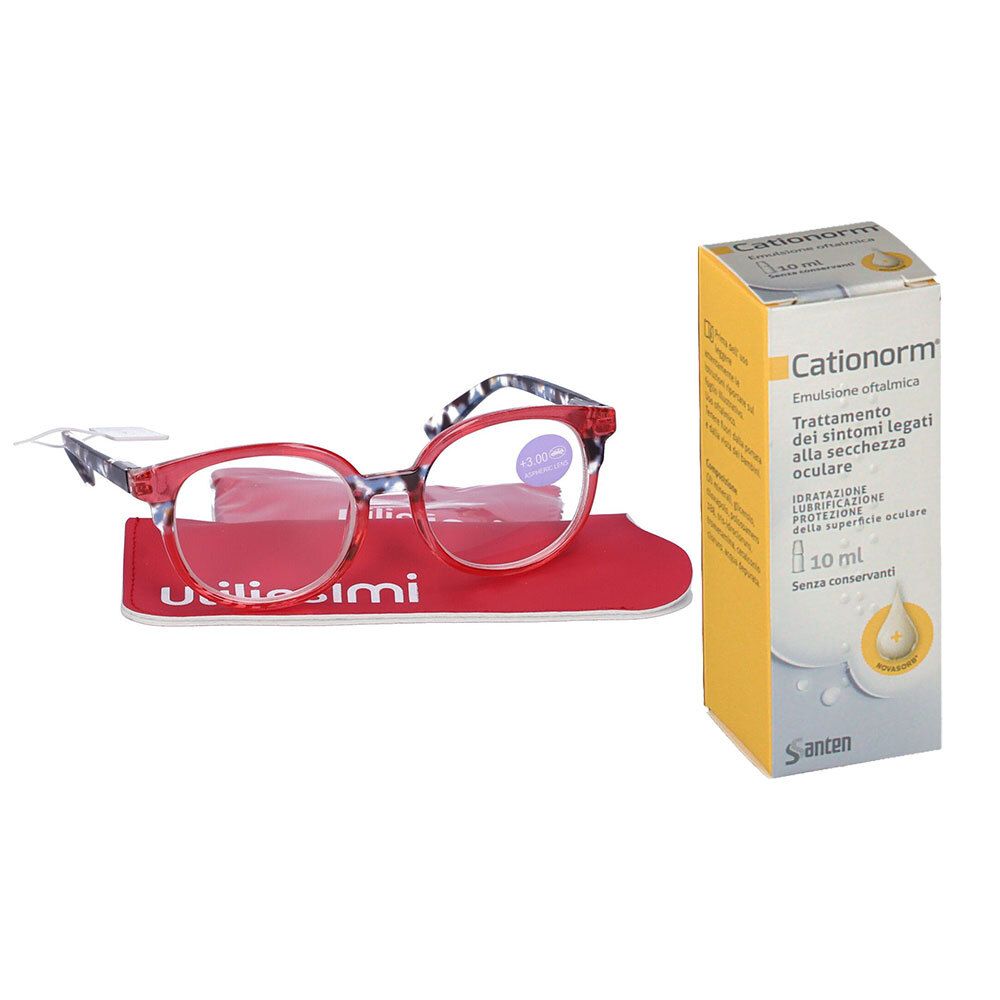 Set UTILISSIMI Occhiali da Lettura Rosso/Avana Blu +3,00 Diottrie +  Cationorm® Emulsione Oftalmica