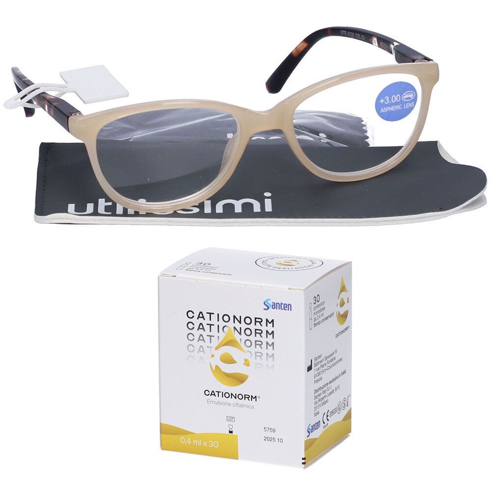 Set UTILISSIMI Occhiali da Lettura Crema/Avana +3,00 Diottrie +  Cationorm® Emulsione Oftalmica Monodose