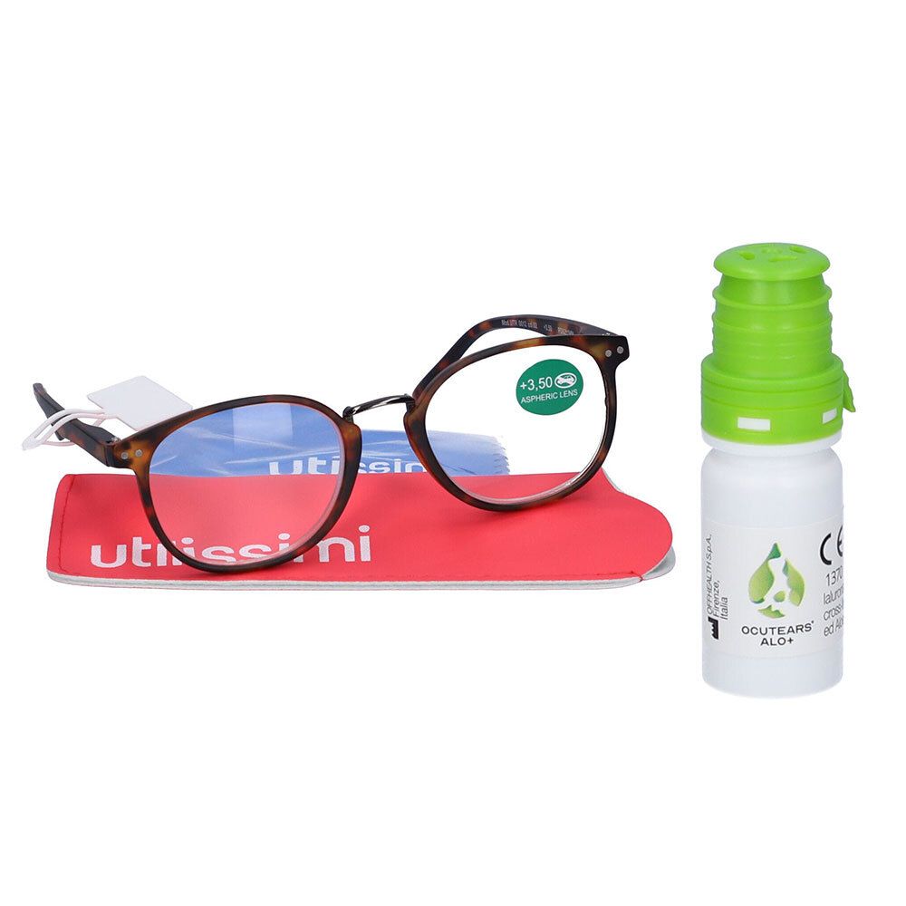 Set UTILISSIMI Occhiali da Lettura Avana +3,50 Diottrie +  Ocutears Alo®+ Soluzione Oftalmica Lubrificante Senza Conservanti con Ialuronato di Sodio Cross-Linkato e Aloe Vera