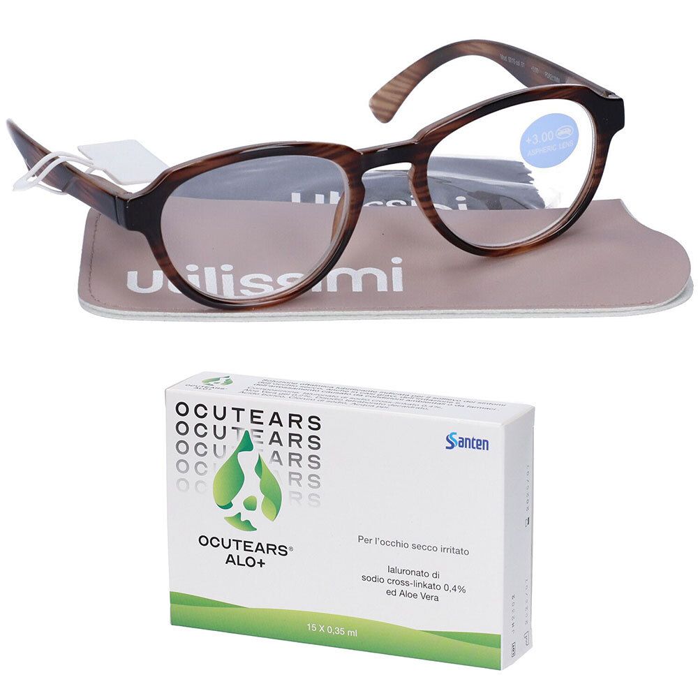Set UTILISSIMI Occhiali da Lettura Marrone +3,00 Diottrie +  Ocutears Alo+ Collirio Lubrificante