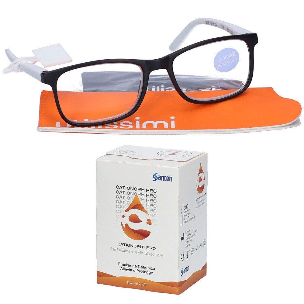Set UTILISSIMI Occhiali da Lettura Nero/Bianco +3,00 Diottrie +  Cationorm Pro® Emulsione Cationica per Secchezza o Allergia Oculare