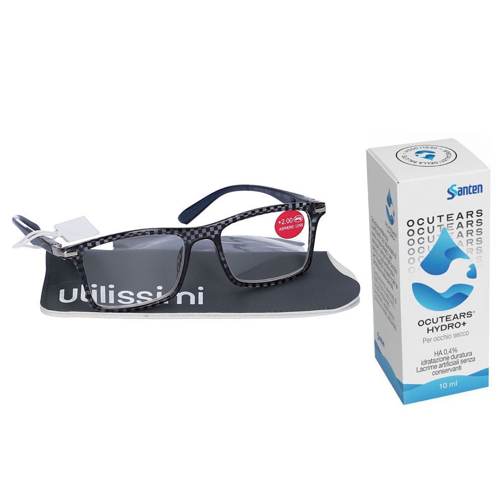 Set UTILISSIMI Occhiali da Lettura Nero +2,00 Diottrie +  Ocutears Hydro®+ Soluzione Oftalmica Lubrificante Senza Conservanti con Ialuronato di Sodio Cross-Linkato