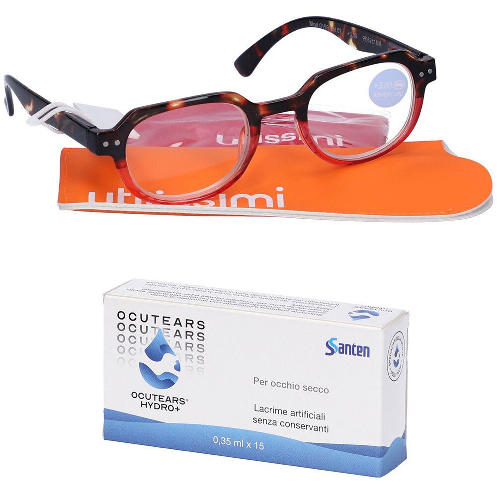 Set UTILISSIMI Occhiali da Lettura Avana/Rosso +3,00 Diottrie +  Ocutears Hydro+ 0,4% 15X0,35 Ml