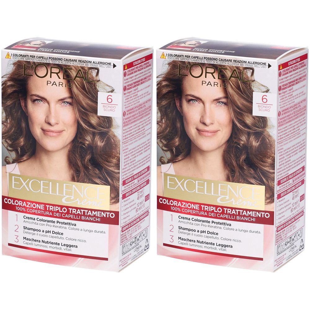L'Oréal Paris Tinta Capelli Excellence Copre i Capelli Bianchi Lunga Durata 6 Biondo Scuro Set da 2