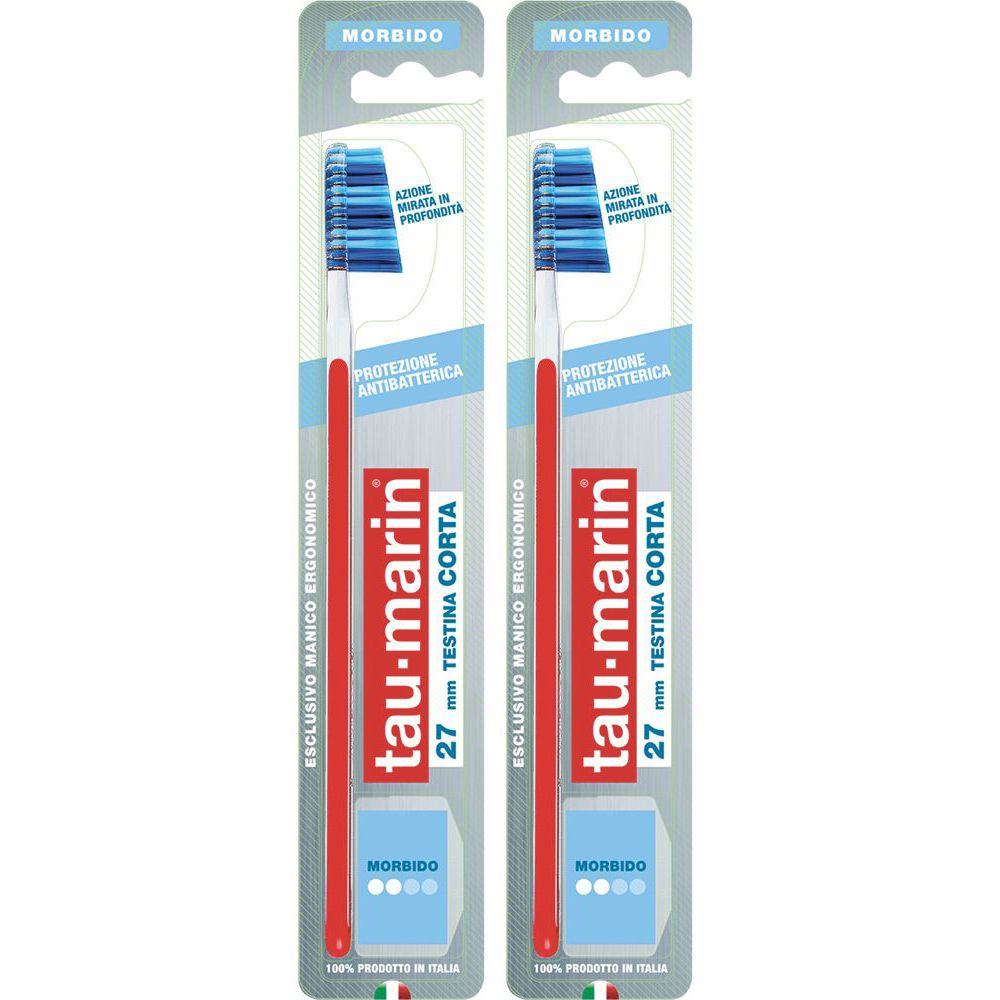 Due spazzolini in confezione. Manico rosso, testina blu. Scritta: tau-marin, 27 mm Testina Corta.