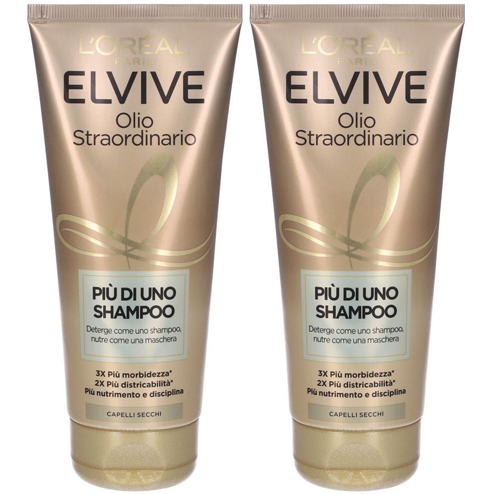 Due tubi di shampoo dorati. Scritta: L'Oréal Elvive, Olio Straordinario, Più di uno Shampoo. Per capelli secchi.