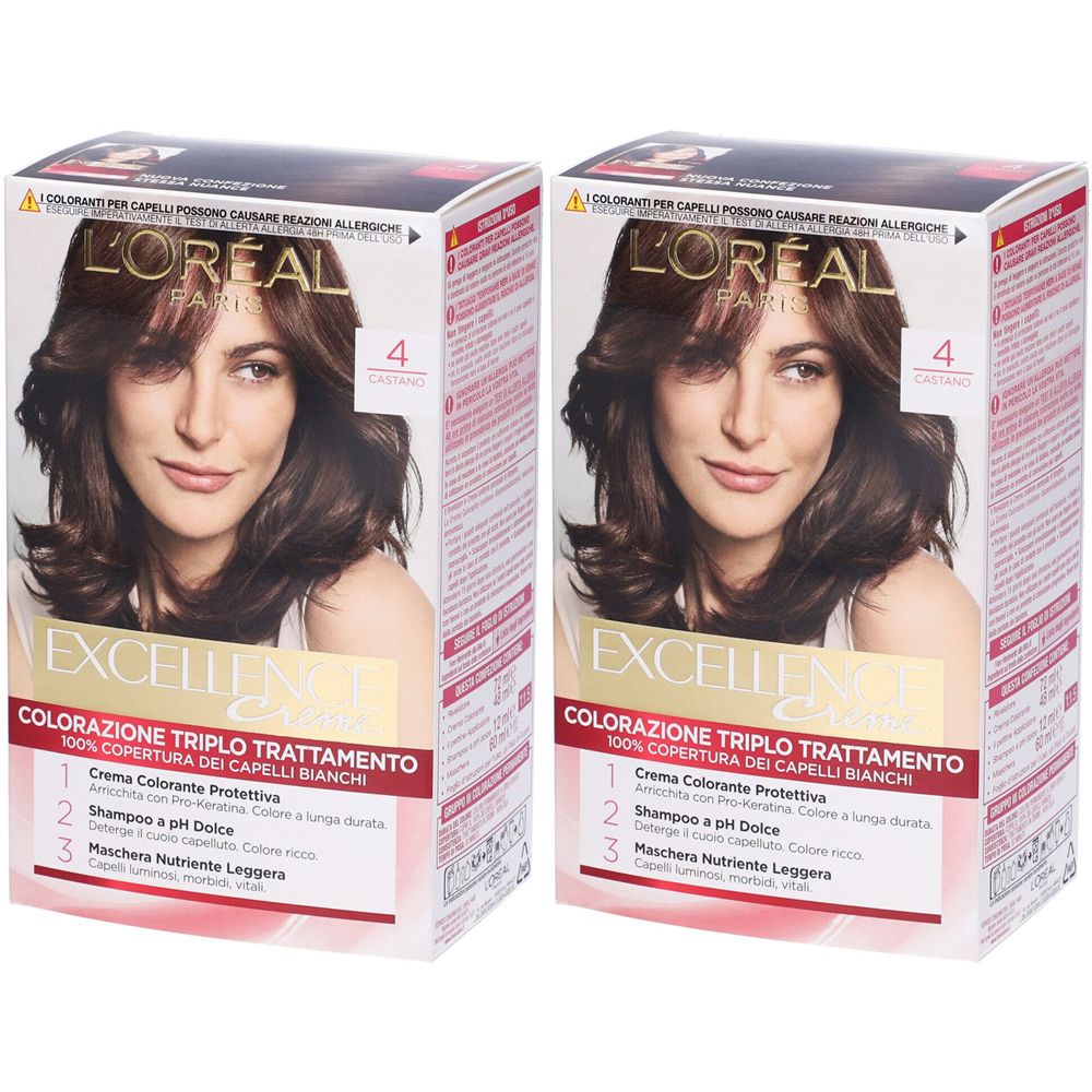 L'Oréal Paris Tinta Capelli Excellence Copre i Capelli Bianchi Lunga Durata 4 Castano Set da 2