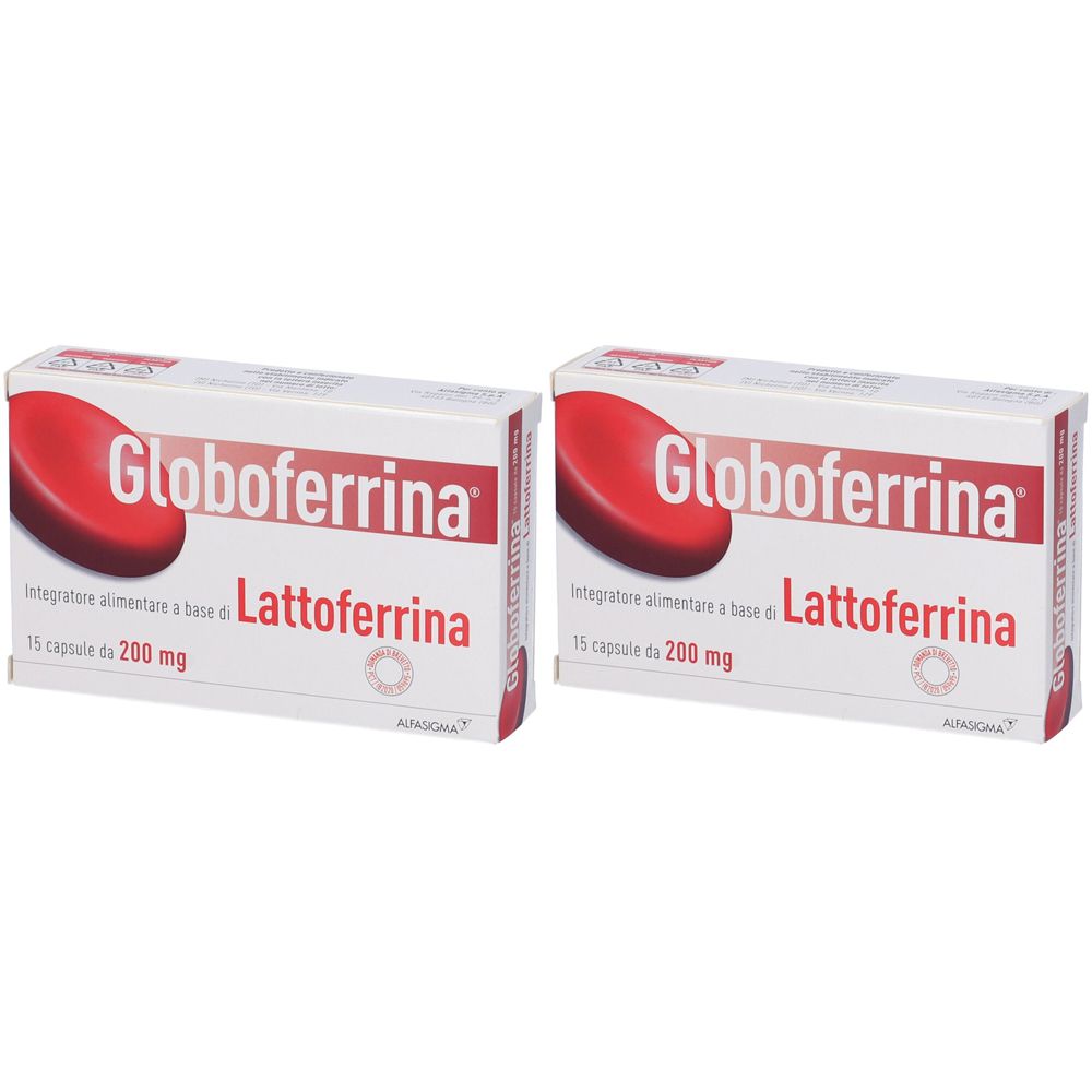 Due confezioni di Globoferrina Lattoferrina. Scritta: 15 capsule da 200 mg. Logo rosso.